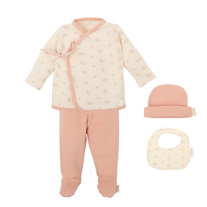 Set Nacimiento 4 Piezas ( Jubón, Polaina, Gorro y Babero) Dalia